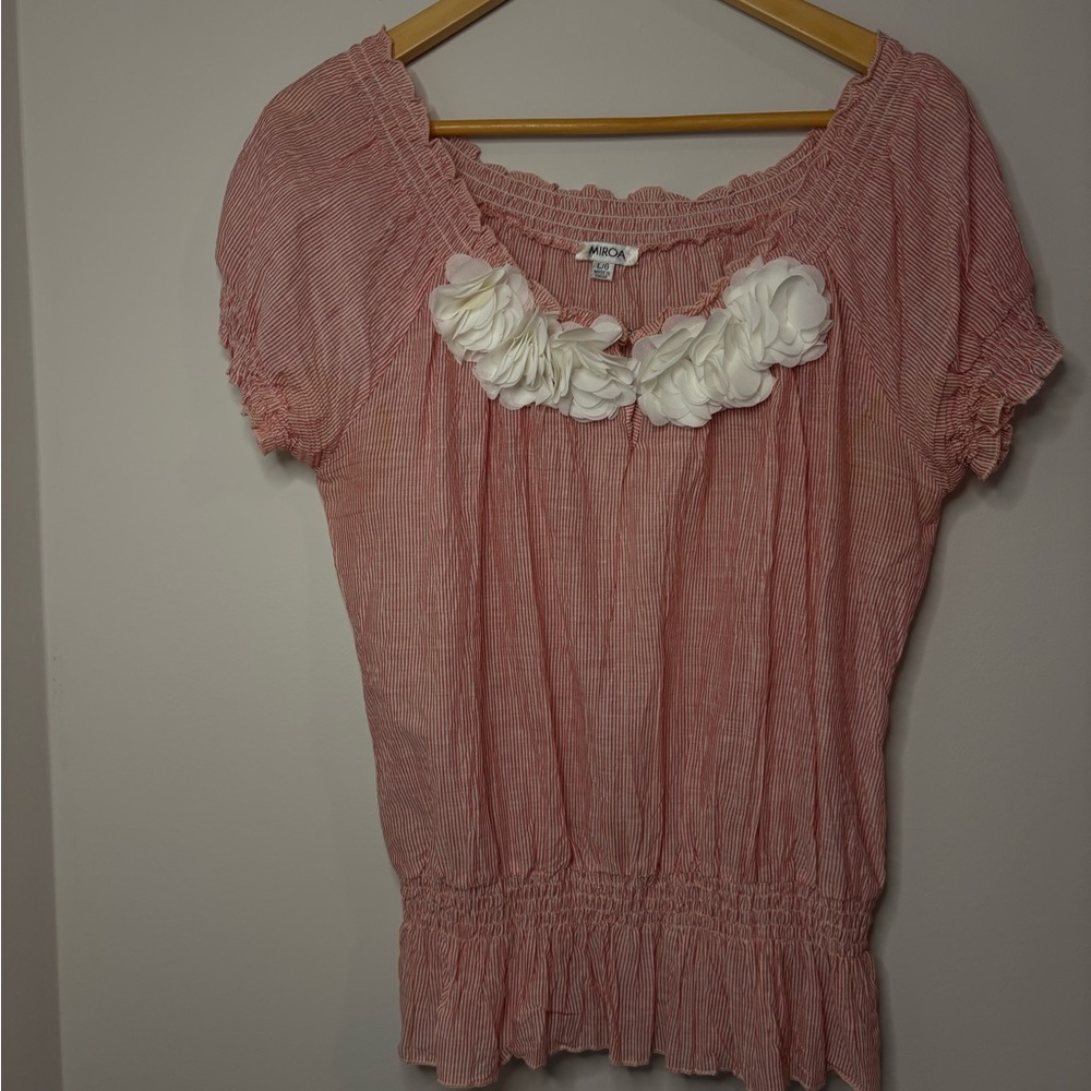 Chic Red Striped Blouse with Floral Detail